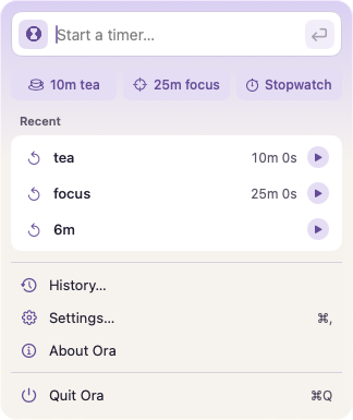 The Ora Mac dropdown with violet quick-start buttons for tea, focus, and a stopwatch, recent timers, and a single-column menu.